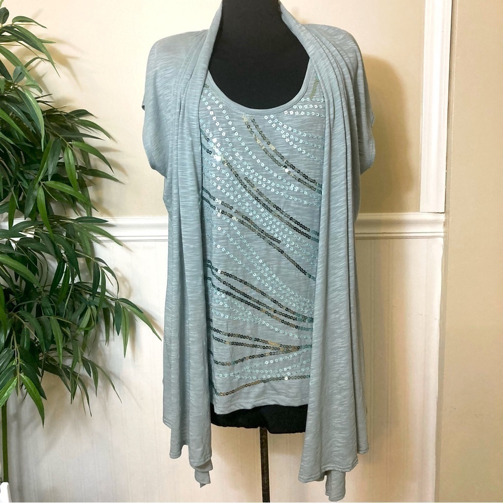 Jana Two Piece Sequined‎ Tank And Short Sleeve Kimono Set, size Large